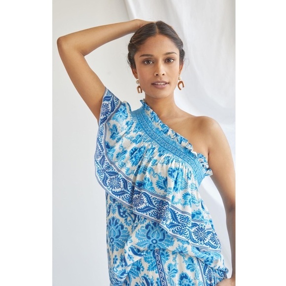 𝅺nwt Anthropologie plenty by Tracy Reese Ruffled One Shoulder Blouse top Small - Picture 2 of 8